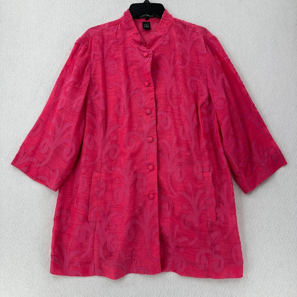 Scott Taylor Blouse Womens 1X Pink Floral Button Semi Sheer Textured‎ Lagenlook